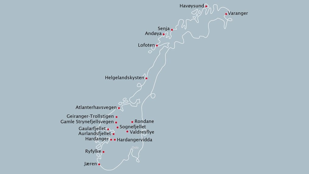Kart med plassering og navn av alle de nasjonale turistvegene.