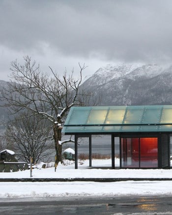 The toilet building in winter landscape.
