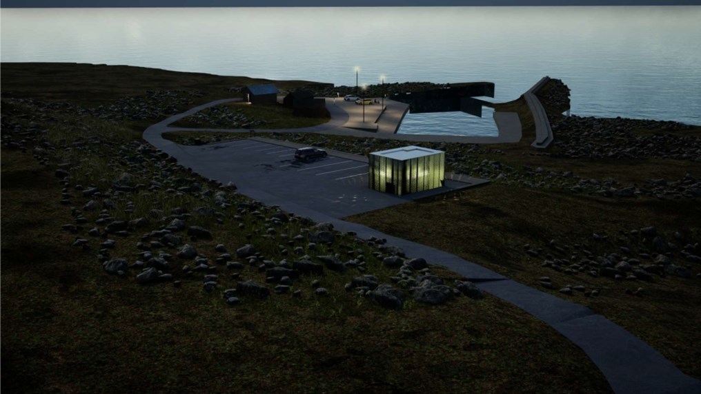 Bildet viser en oversikt over Madland havn ved havet med illustrasjon av toalettet som skal bygges..