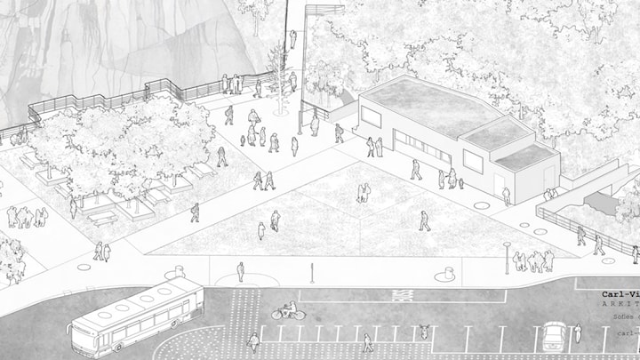 Illustrasjon av parkeringsplassen, utsiktspunkt og servicebygg ved Fossatromma. Illustrasjonen er laget av arkitekt Carl-Viggo Hølmebakk.