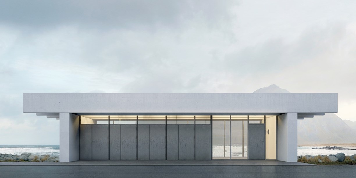 Illustration of new service building with outdoor facilities at Brunstranda in Lofoten.