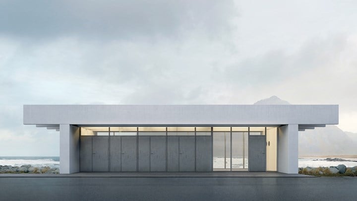 Illustration of new service building with outdoor facilities at Brunstranda in Lofoten.
