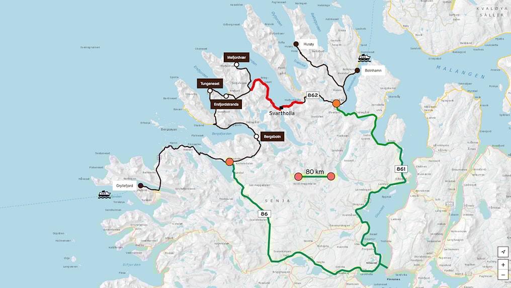 Kart som viser  omkjøringsmuligheter.