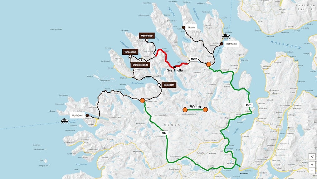 Kart som viser  omkjøringsmuligheter.