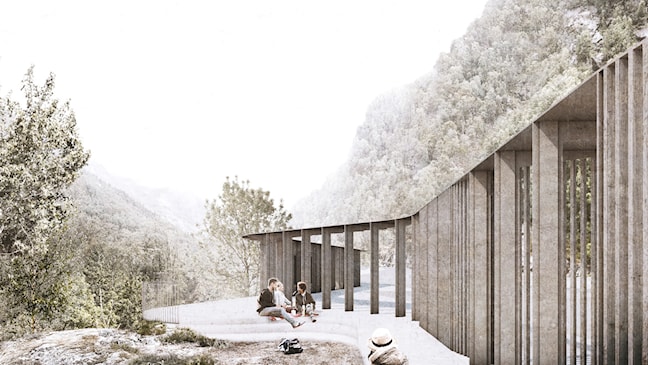 Rastplatz mit Toilette am Wasserfall Flesefossen auf der Norwegischen Landschaftsroute Ryfylke.