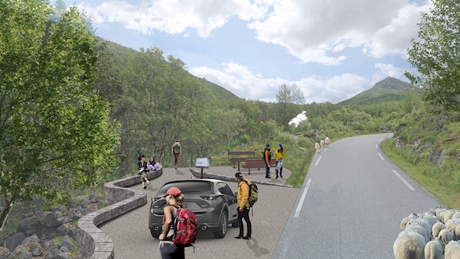 Parkplatz, Rast und Weg zum Wasserfall bei Sluppen auf der Norwegischen Landschaftsroute Aurlandsfjellet.