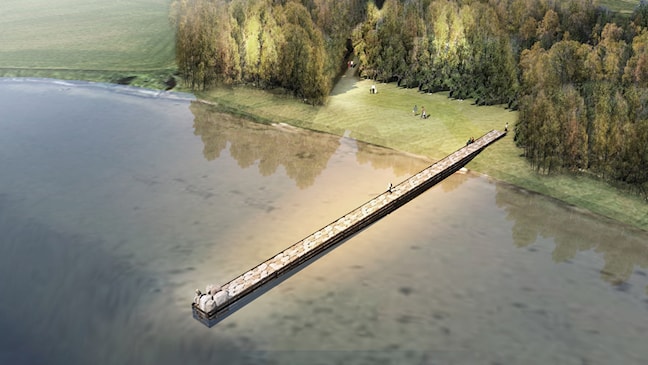 Eine 65 Meter lange Steinpier erstreckt sich vom Strand bis ins Brackwasser in Sundshopen.
