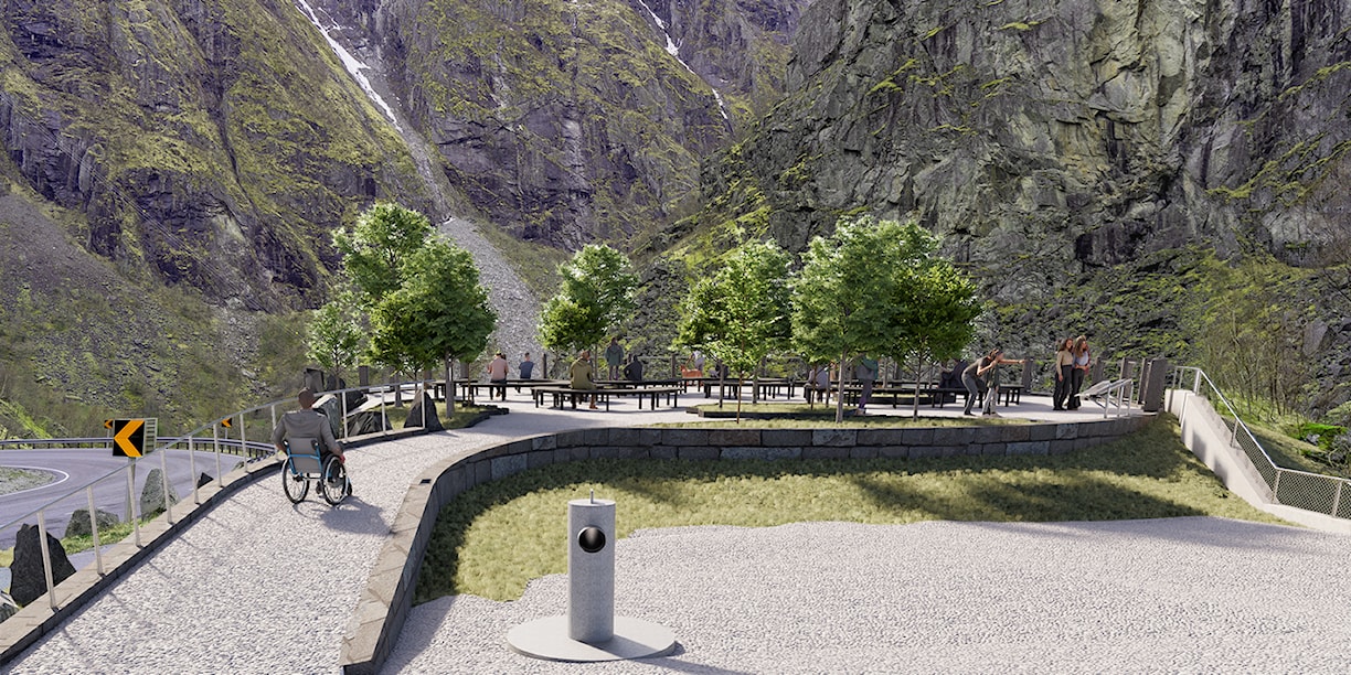 Illustrasjon av rasteplass med møbler og universelt utforma tilkomst. 