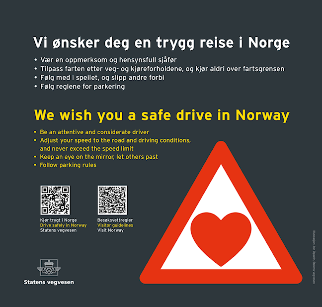 Infotavle med tekst og varseltrekant med hjerte.