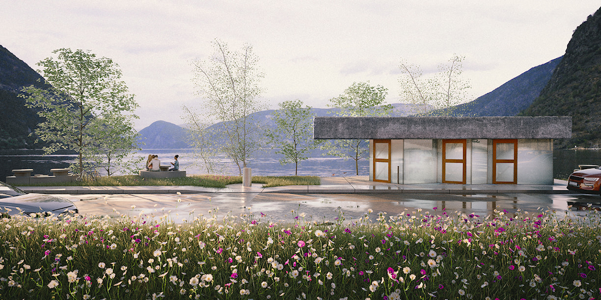 Illustrasjon av toalettbygg og rasteplass ved fjorden.
