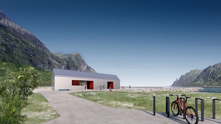 Illustrasjon av et lavt, avlangt bygg ved en strand, omgitt av fjell og hav. Foran bygget går en gangvei gjennom et gressområde, med benker, sykkelparkering og noen personer som oppholder seg ute.