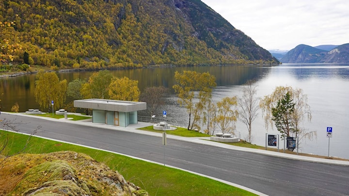 Oversiktsbilete av rasteplassen på Røyrnes. Eit toalettbygg ligg mellom vegen og fjorden, omgjeve av sitjeplassar, tre og bratte fjellsider med haustfargar.