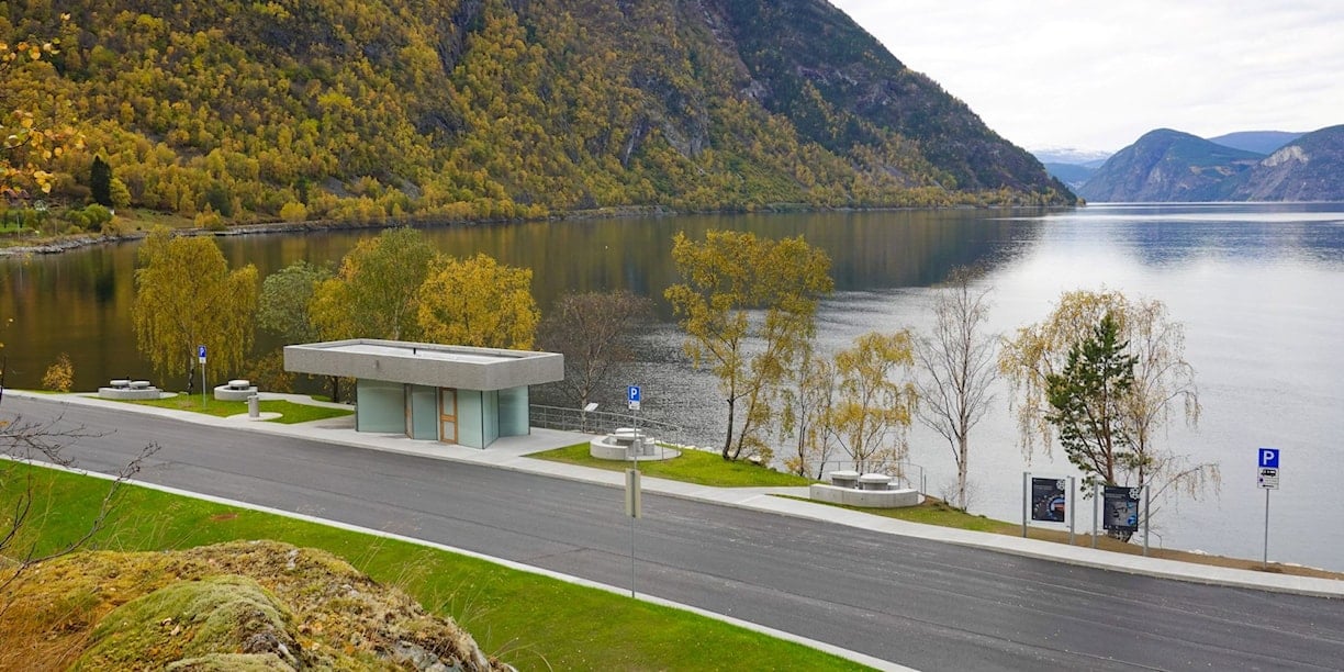 Oversiktsbilete av rasteplassen på Røyrnes. Eit toalettbygg ligg mellom vegen og fjorden, omgjeve av sitjeplassar, tre og bratte fjellsider med haustfargar.