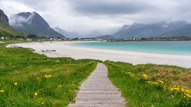 En stor hvit sandstrand med blågrønt hav. En sti fører gjennom gresset ned til stranden.