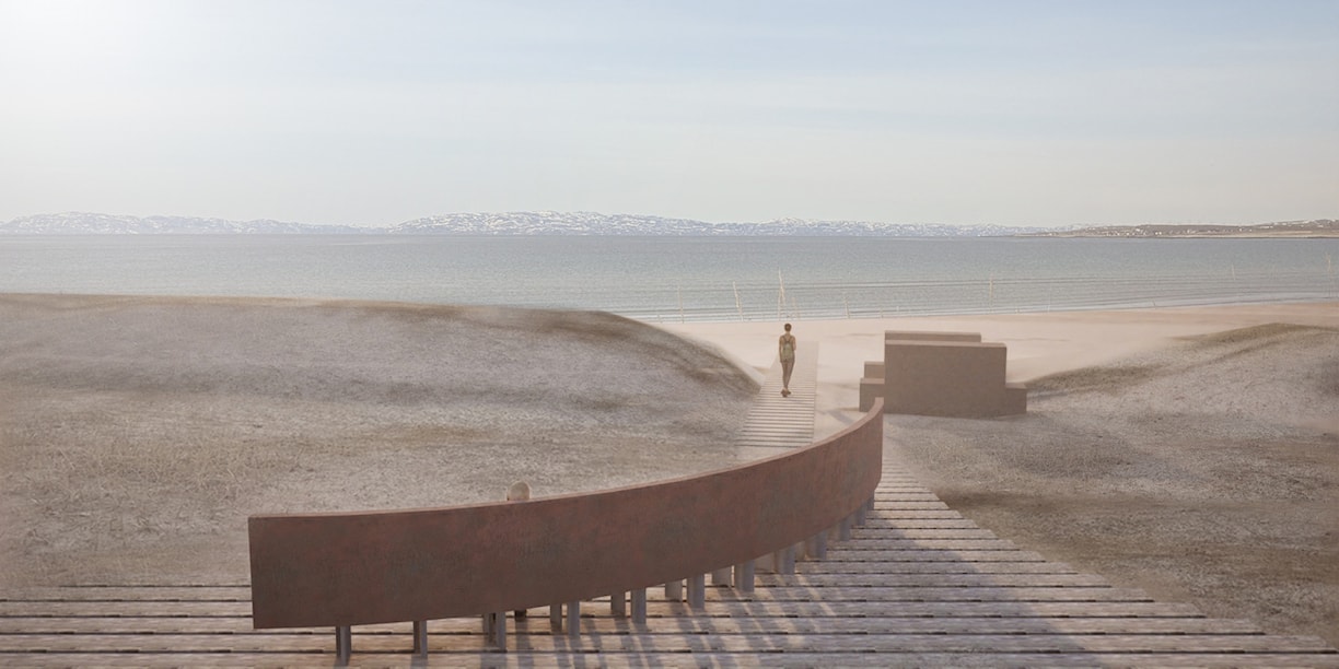 Illustrasjon av en svillesti og sittebenker som går fra parkeringsplassen og ned til stranden.