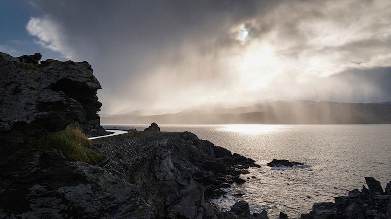 Northern lights over Selvika picnic area with a view of the sea and the road in the landscape
