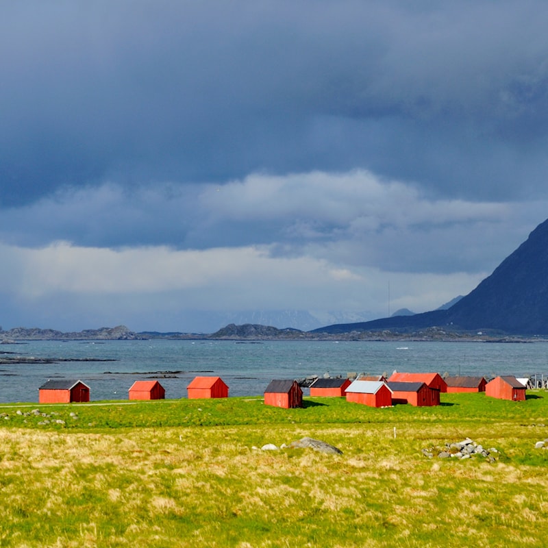 Rote Häuser an der Küste.