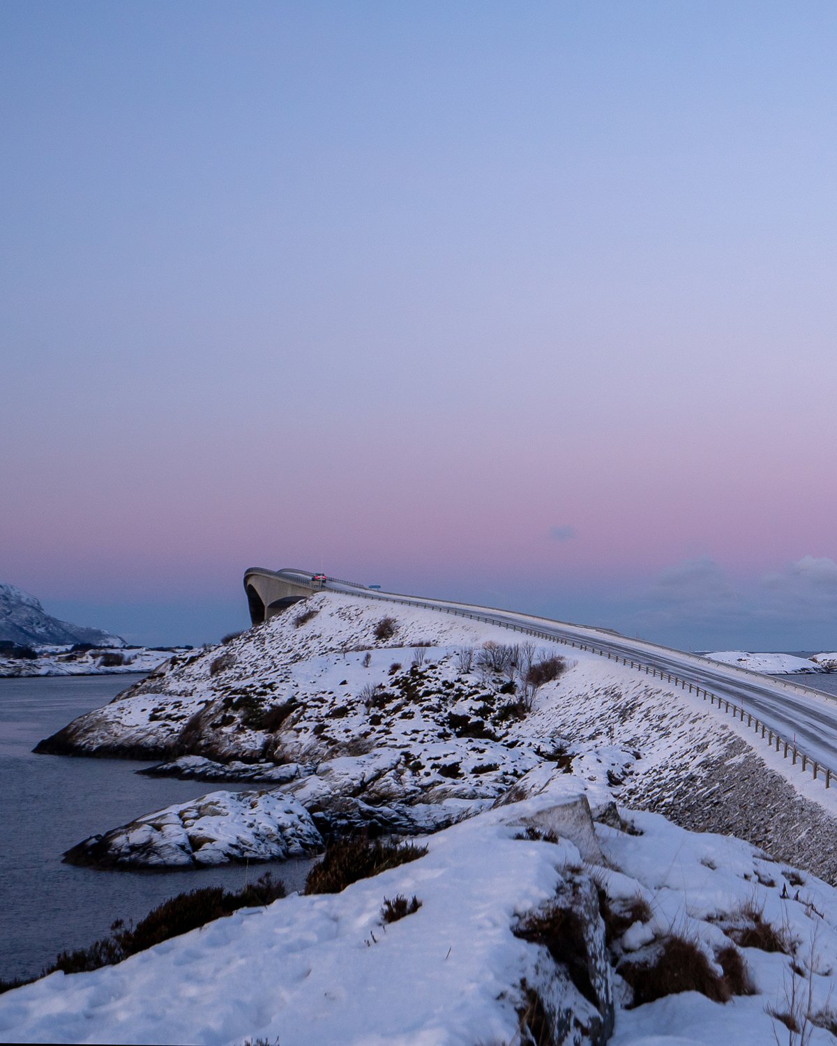 Pink winter lights at the Storseisund Bridge.