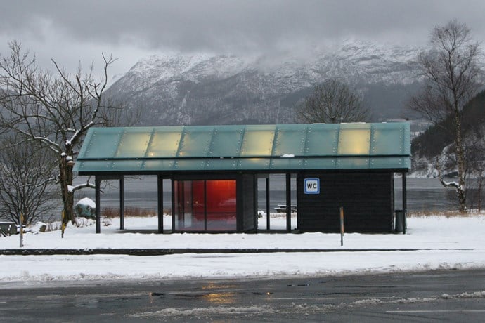 The toilet building in winter landscape.